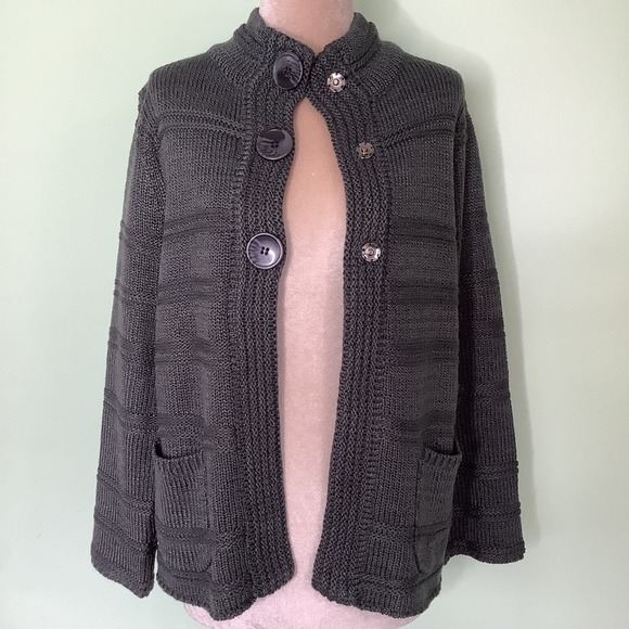 LH Sport Oversized Snap Button Cable Knit Sweater Cardigan Mock Neck Gunmetal - Picture 4 of 12